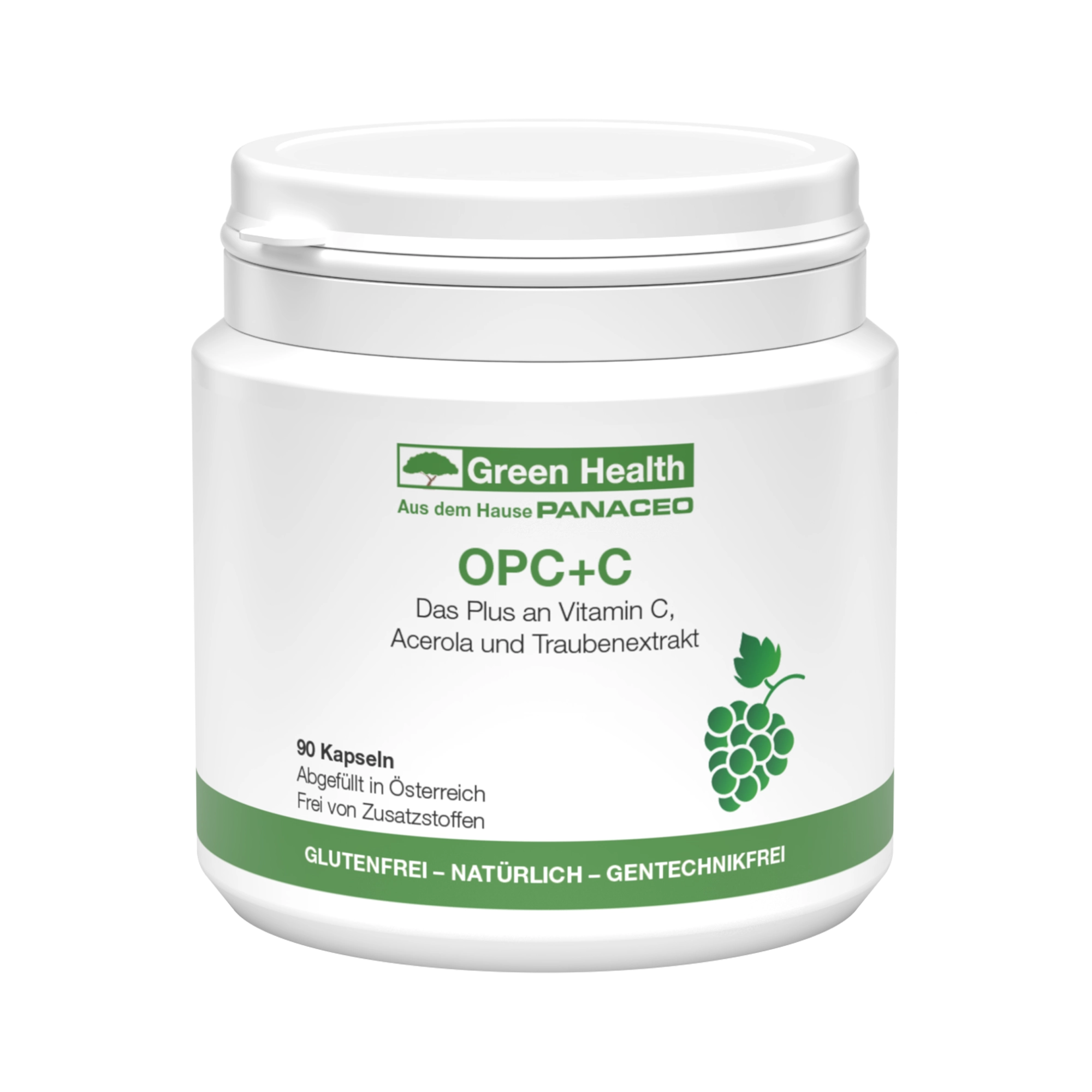 Produktabbildung Green Health OPC+C Kapseln 90 Stk. von PANACEO mit Traubenkernextrakt und natürlichem Vitamin C aus Acerola