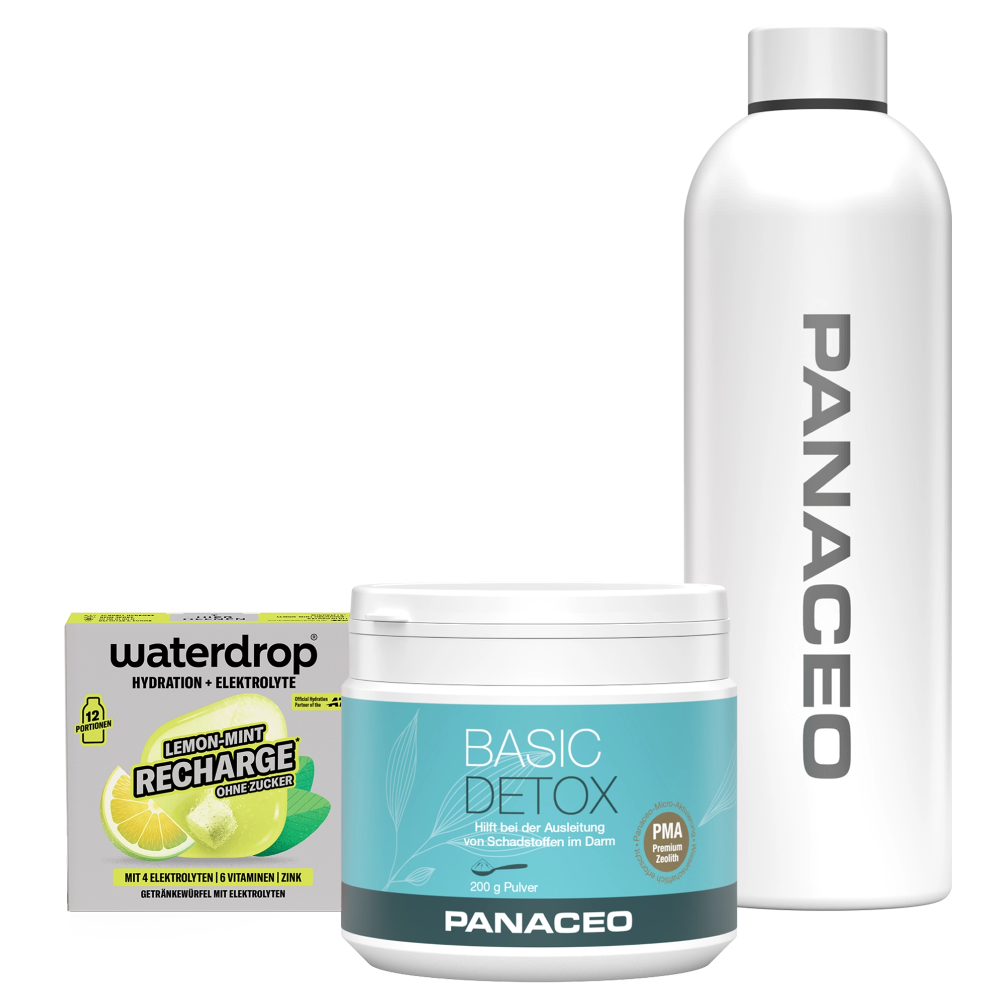 PANACEO Detox Summer Bundle mit Trinkflasche, Basic Detox Pulver und Elektrolyt-Getränk Produktbild des PANACEO Detox Summer Bundle mit weißer Trinkflasche, PANACEO Basic Detox Pulver und Elektrolyt-Getränk Lemon-Mint