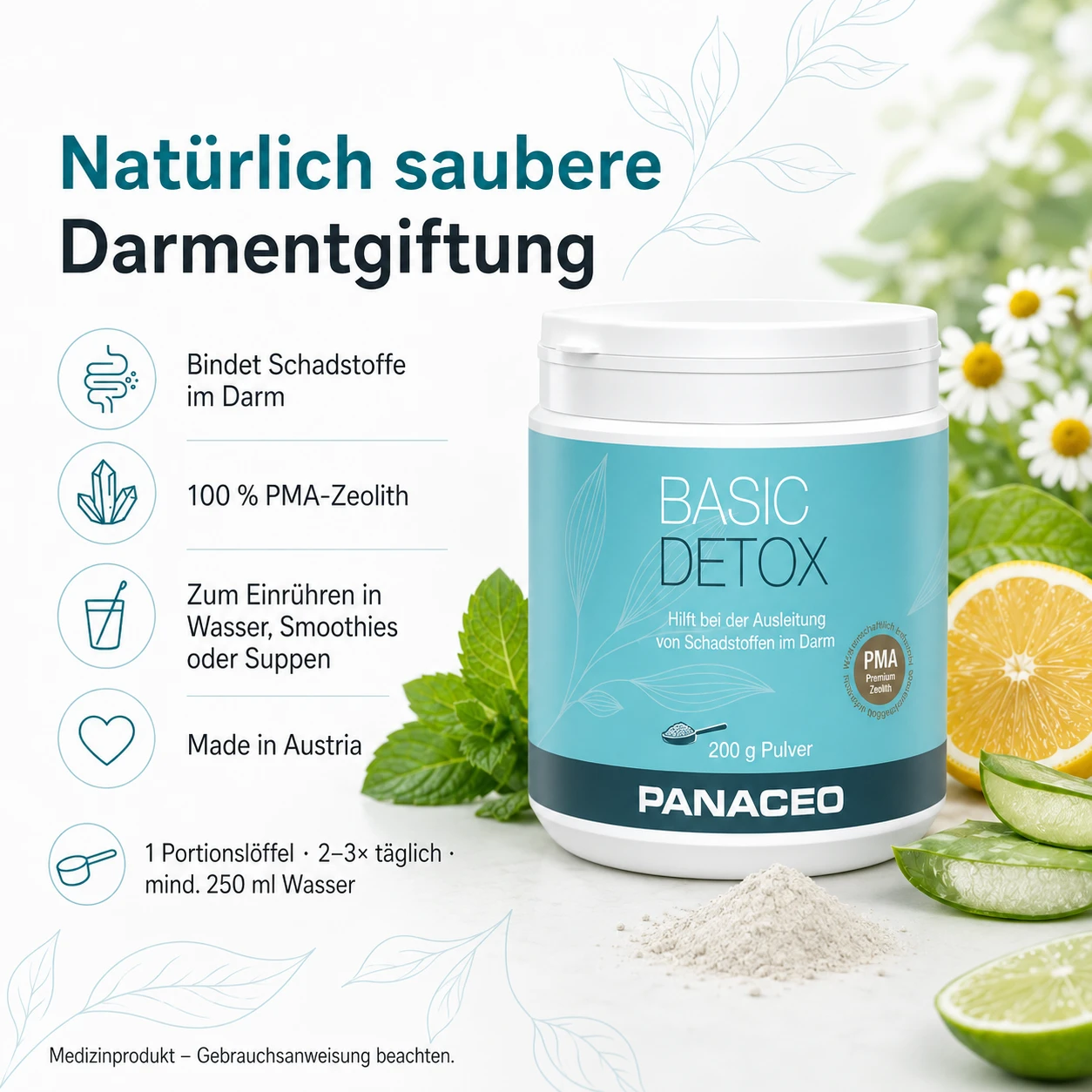 BASIC DETOX Pulver 200g mit PMA-Zeolith für natürliche Darmentgiftung Produktbild BASIC DETOX Pulver 200g von PANACEO zur natürlichen Darmentgiftung mit 100 % PMA-Zeolith, Dose mit Pulver sowie Zitrone, Limette und Minze