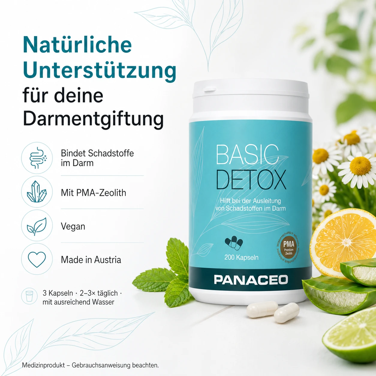 PANACEO BASIC DETOX Kapseln 200 Stk. mit PMA-Zeolith zur Darmentgiftung, Dose mit Kapseln sowie Zitrone, Limette und Kräutern; bindet Schadstoffe im Darm, vegan, Made in Austria