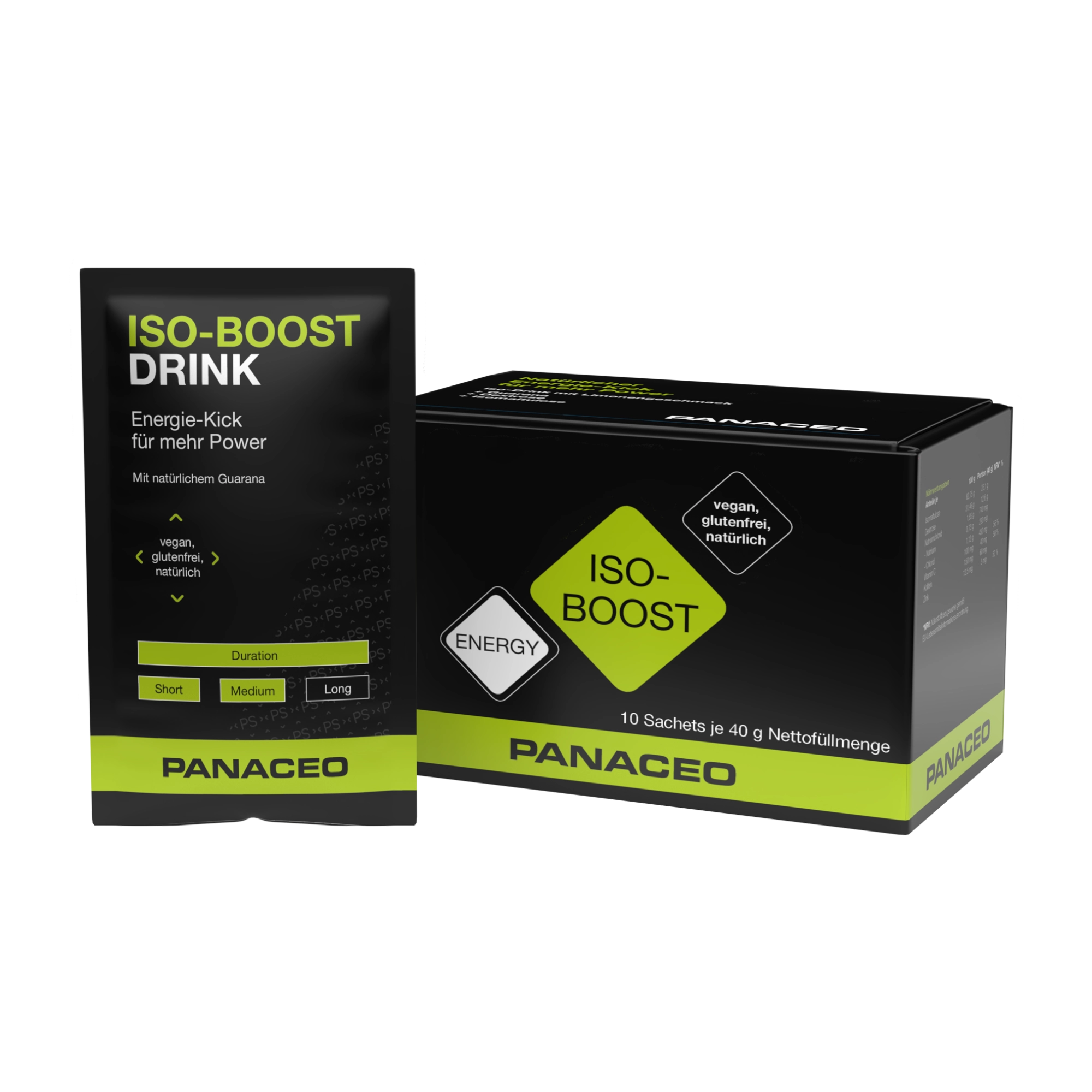 PANACEO ISO-BOOST Drink 10 pack mit Faltschachtel und Sachet, Energie-Drink mit natürlichem Guarana, vegan, glutenfrei und natürlich