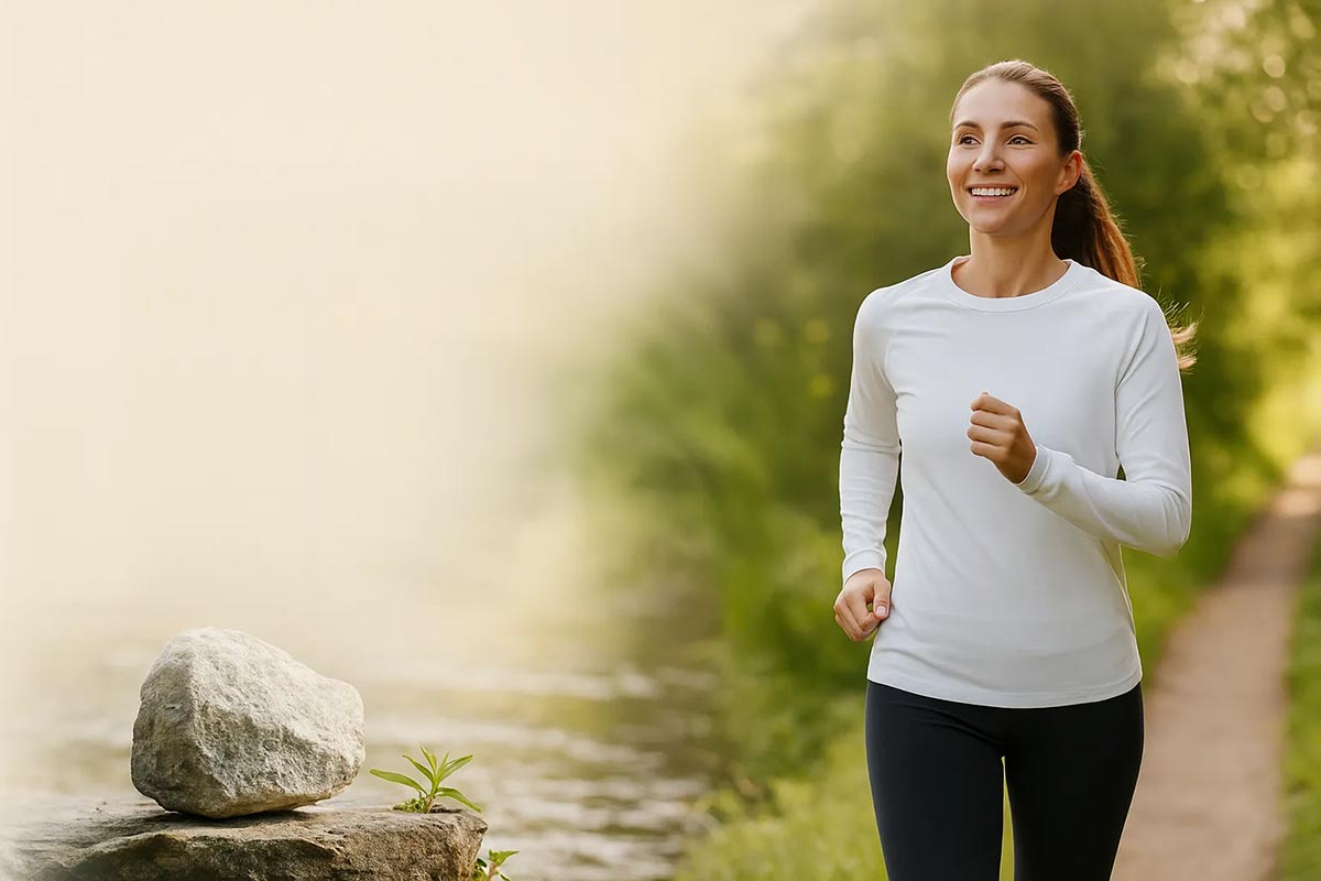 Eine sportliche Frau joggt im Grünen. Symbol für natürliche Gesundheit, Energie und Darmwohl durch PMA-Zeolith.