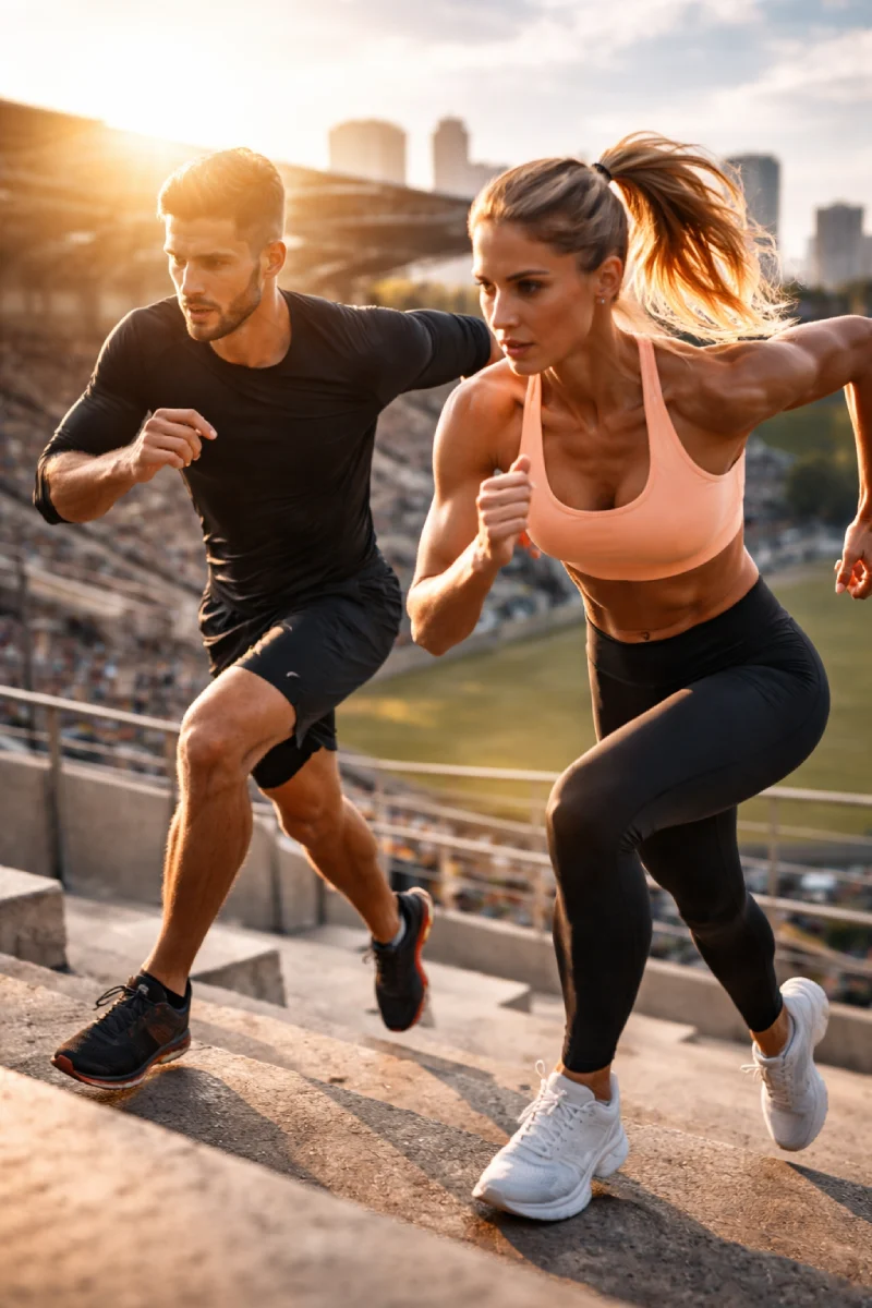 Mehr Power und Ausdauer im Sport – intensives Intervalltraining im Stadion Zwei Sportler sprinten kraftvoll eine Treppe im Stadion hinauf und zeigen Ausdauer, Stärke und intensive Trainingsbelastung