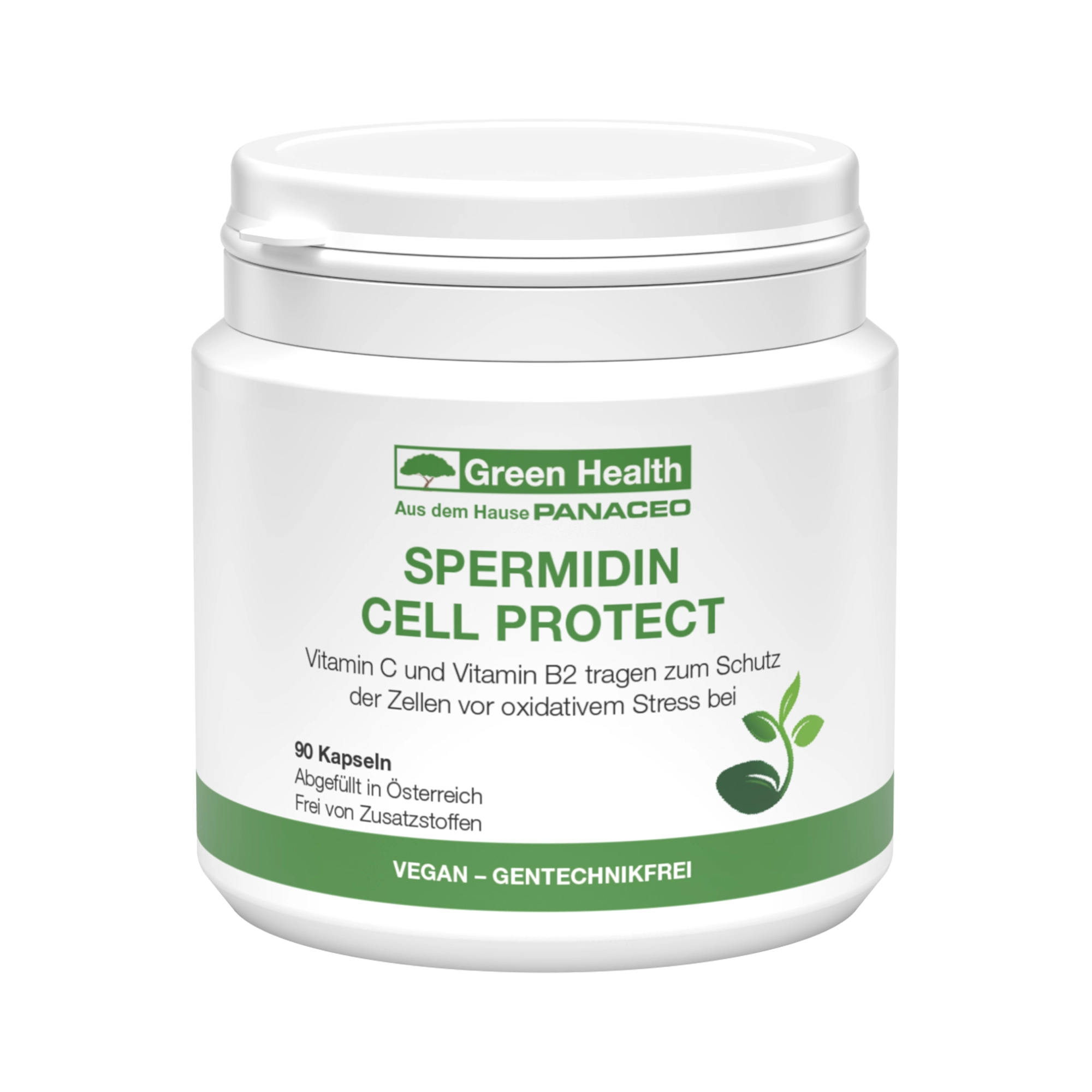 Weiße Dose Green Health SPERMIDIN CELL PROTECT Kapseln von PANACEO, veganes Nahrungsergänzungsmittel mit Vitamin C und B2 zum Schutz der Zellen vor oxidativem Stress