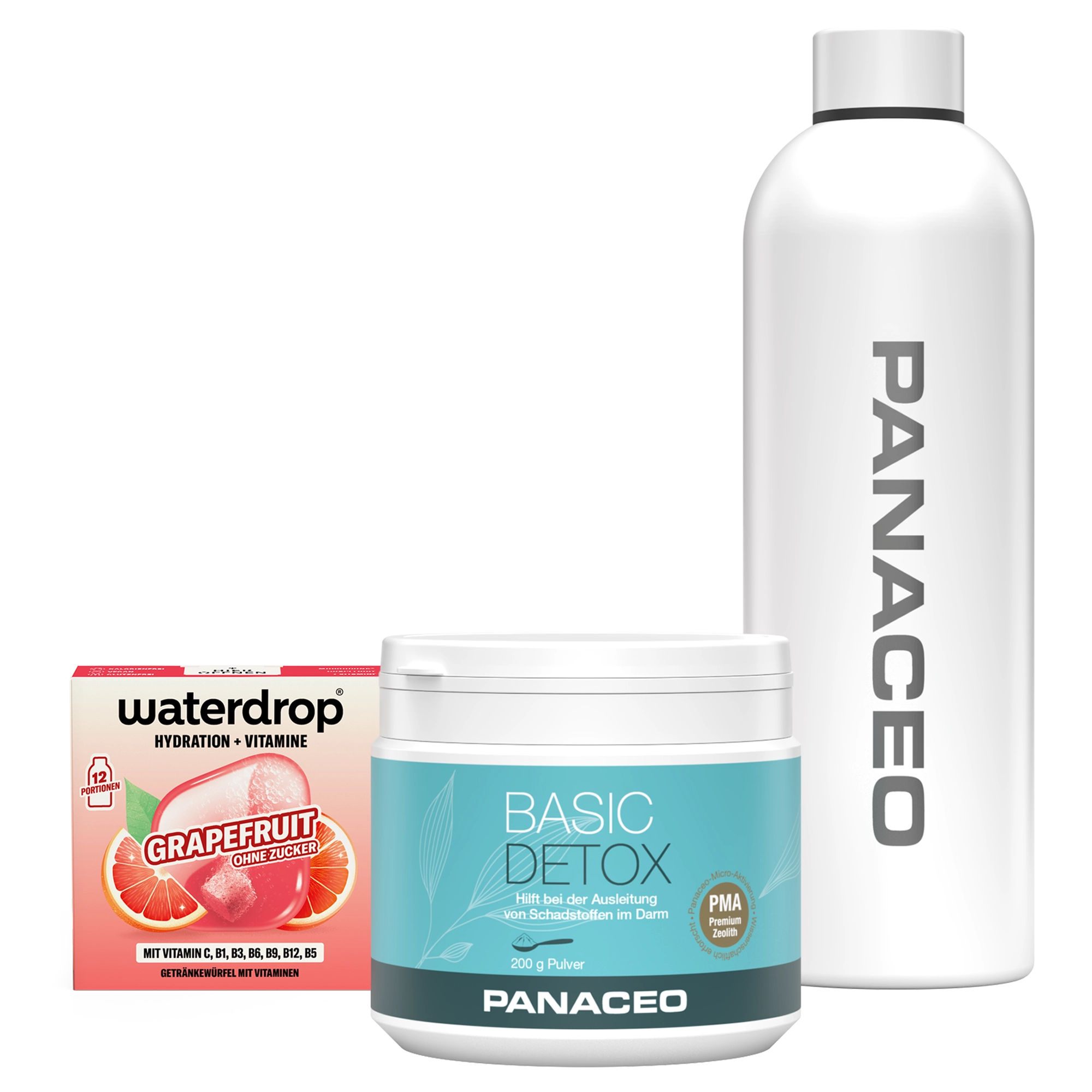 Produktbild des PANACEO Detox Summer Bundle mit weißer Trinkflasche, PANACEO Basic Detox Pulver und Waterdrop Grapefruit Hydration + Vitamine