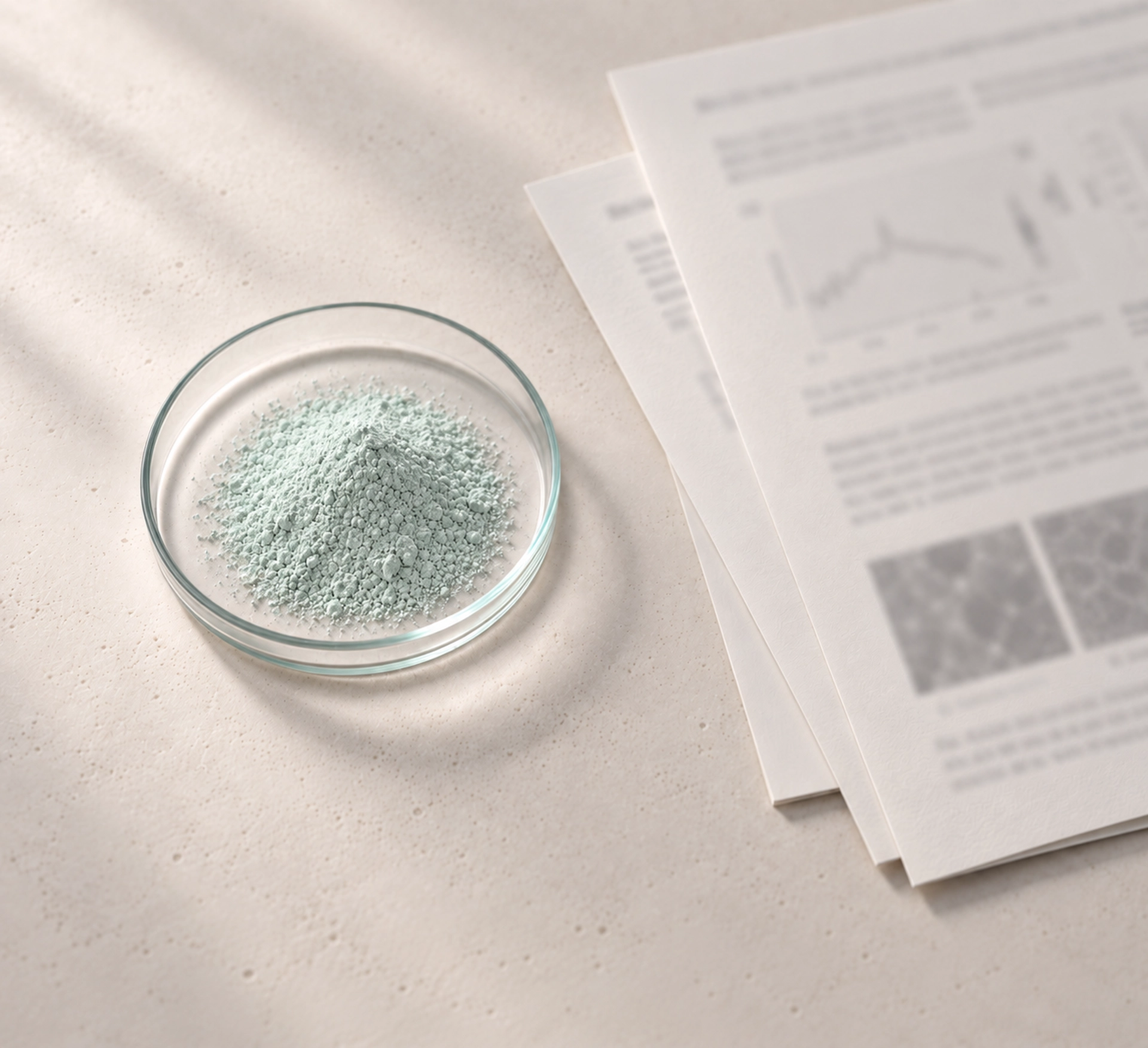 Stampe scientifiche impilate accanto a una ciotola di vetro con polvere minerale