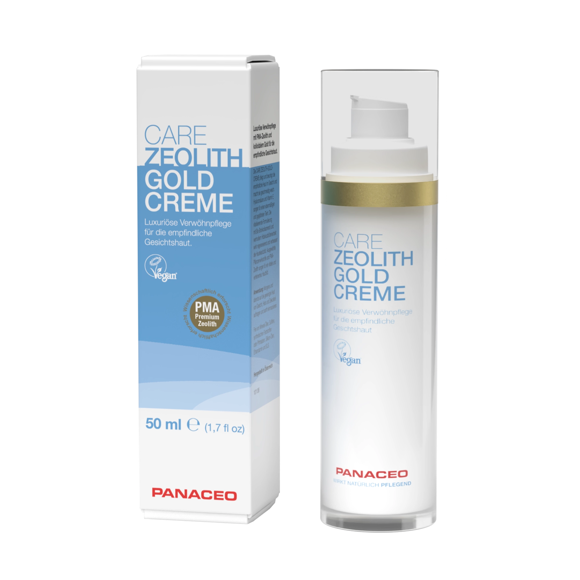 PANACEO CARE Zeolith-Goldcreme 50 ml in Spenderflasche mit Verpackung, feuchtigkeitsspendende vegane Gesichtscreme für empfindliche Haut