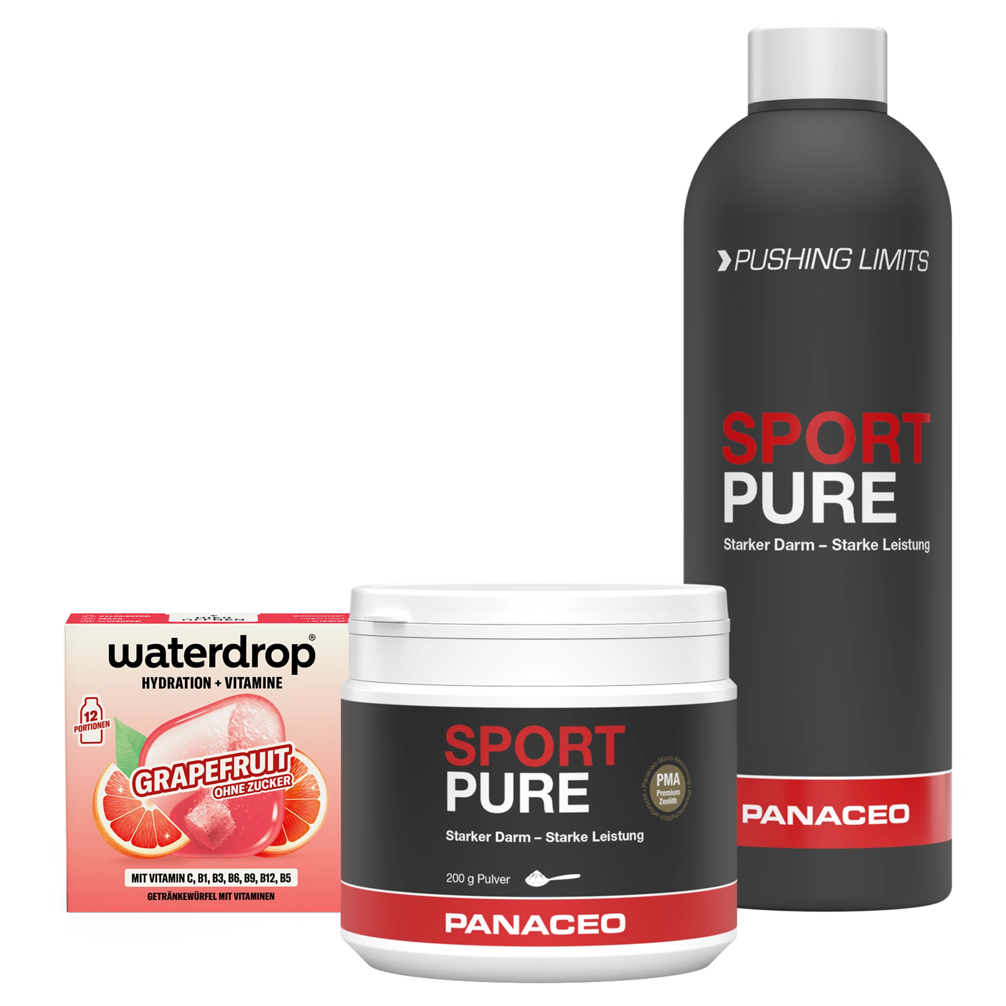 PANACEO Sport Summer Bundle mit Sport Pure Pulver, Trinkflasche und Waterdrop Grapefruit PANACEO Sport Summer Bundle mit Sport Pure Pulver, schwarzer Trinkflasche und Waterdrop Grapefruit Hydration + Vitamine