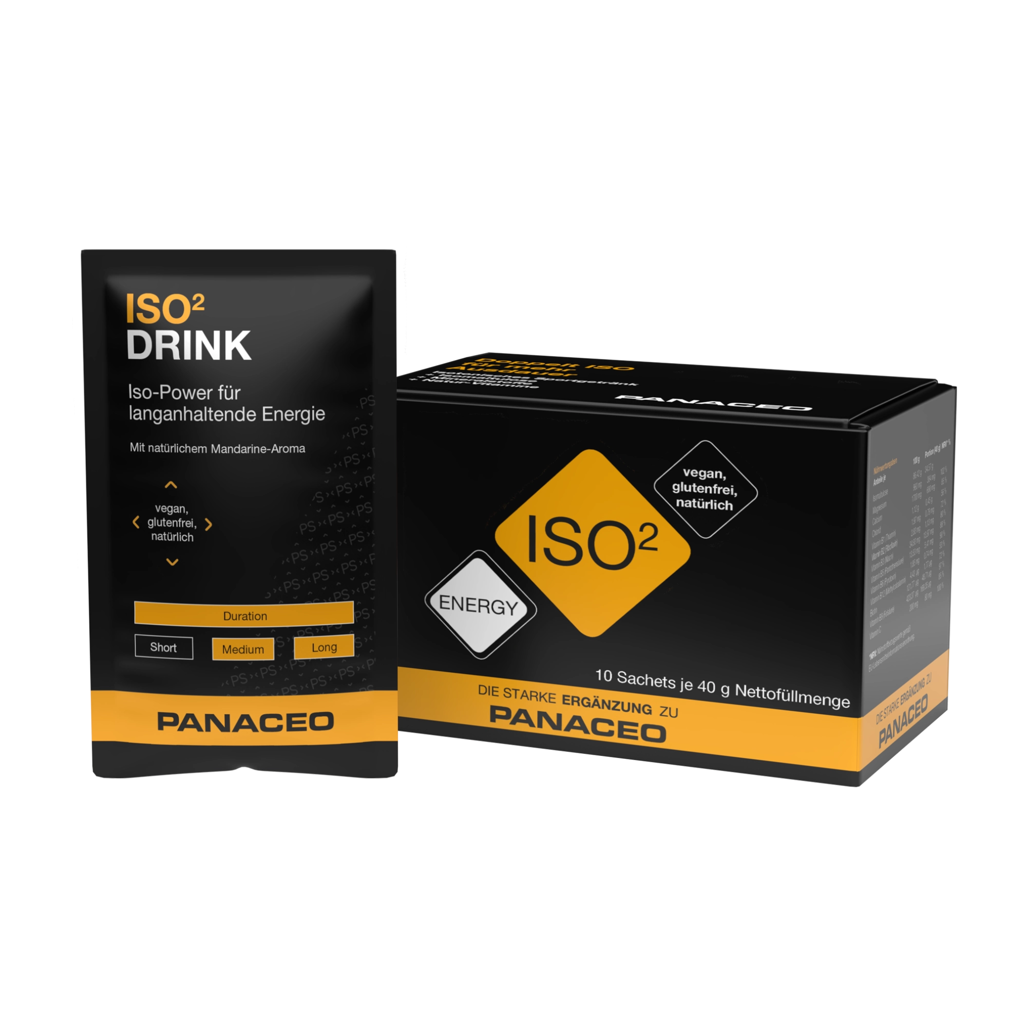 PANACEO ISO² DRINK 10 pack mit Box und Einzel-Sachet, Iso-Power für langanhaltende Energie, natürliches Mandarine-Aroma, vegan, glutenfrei, natürlich