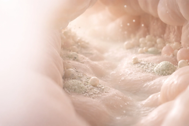 Darstellung: Wie Zeolith Schadstoffe im Darm bindet und die Gesundheit unterstützt Illustration zeigt einen menschlichen Oberkörper mit Darm, Zeolith-Kristallen und Schadstoffen zur Darstellung der entgiftenden Wirkung im Körper.