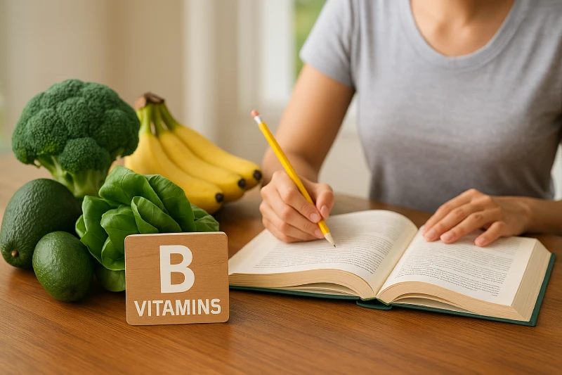 B-Vitamine: Energie für Nerven, Konzentration und Gedächtnis Frisches Obst und Gemüse reich an B-Vitaminen neben einer lernenden Person – Symbol für Konzentration und Gedächtnis