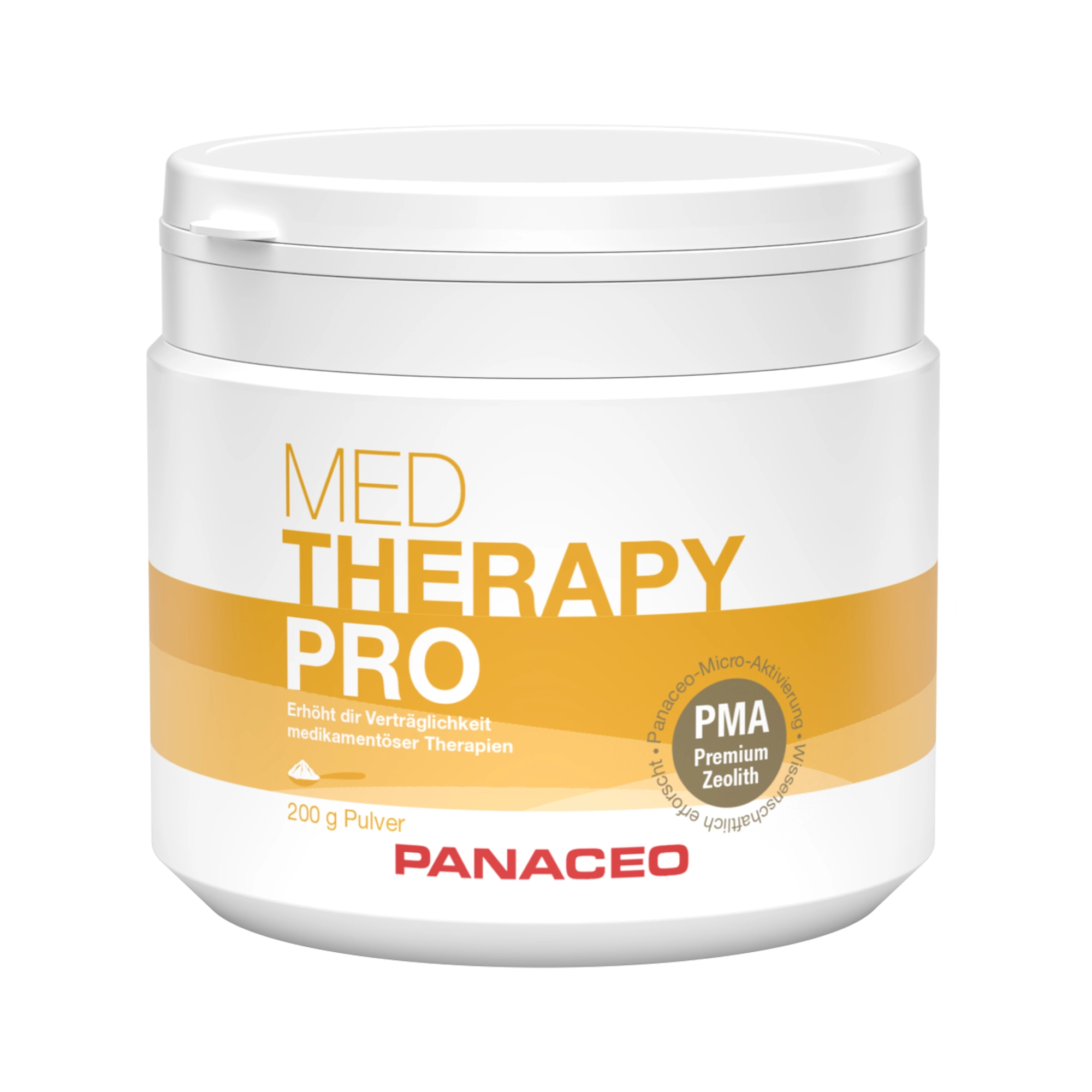 PANACEO MED THERAPY-PRO Pulver 200 g – weiße Dose mit orangefarbenem Etikett PANACEO MED THERAPY-PRO Pulver 200 g in weißer Dose mit orangefarbener Etikettierung, Produktabbildung frontal