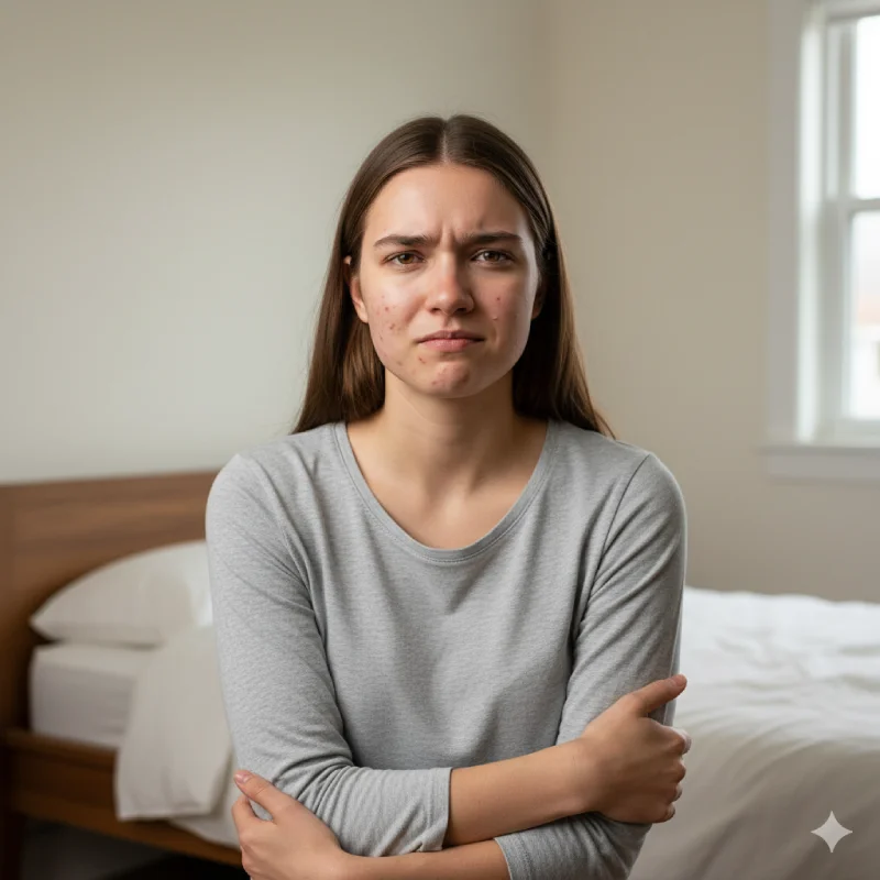 Unwohlsein durch unreine Haut Nahaufnahme des Gesichts einer jungen Person mit sichtbaren Pickeln und Rötungen. Die Person hat einen traurigen Ausdruck, und eine einzelne Träne ist auf der Wange zu sehen, was Unwohlsein und emotionale Belastung ausdrückt.