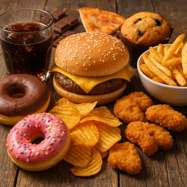 Ungesunde Ernährung Ungesunde Ernährung: Burger, Pommes, Donuts, Chips, Softdrink und weitere Fast-Food-Produkte auf einem Holztisch