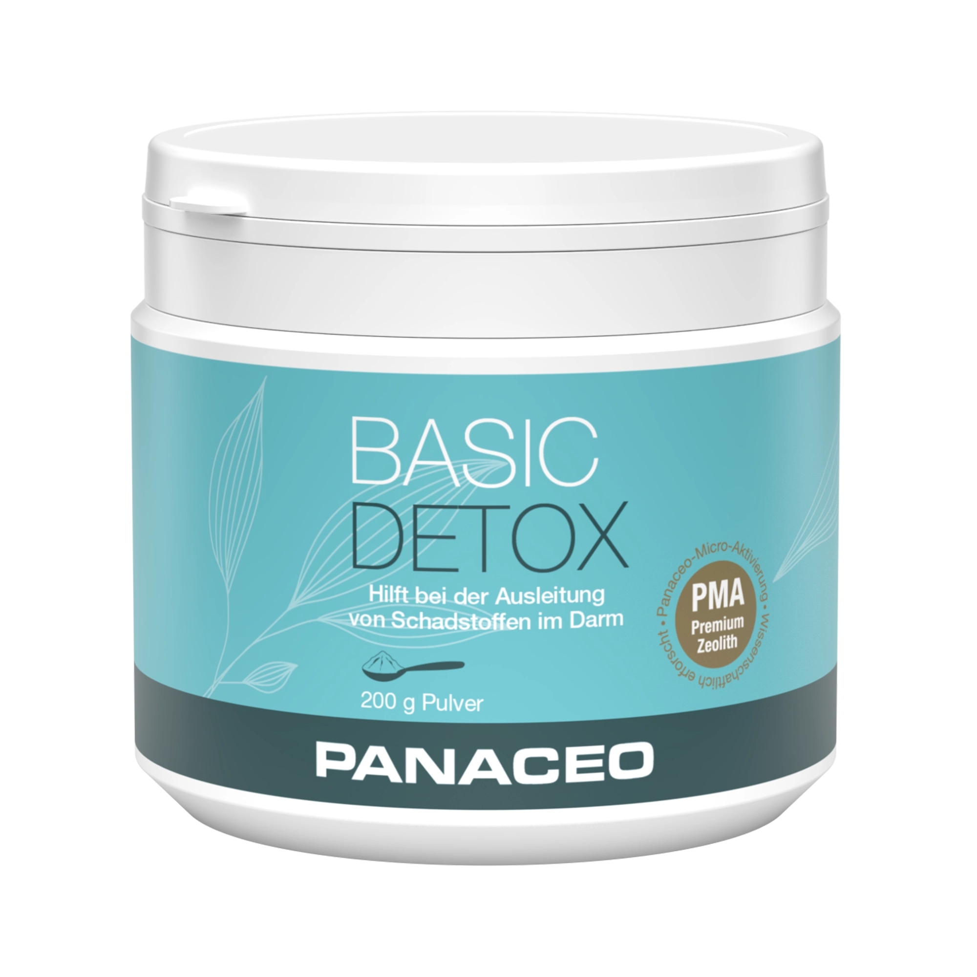Abbildung der BASIC DETOX Pulver 200g Dose von PANACEO – Medizinprodukt zur effektiven Darmentgiftung mit PMA‑Zeolith