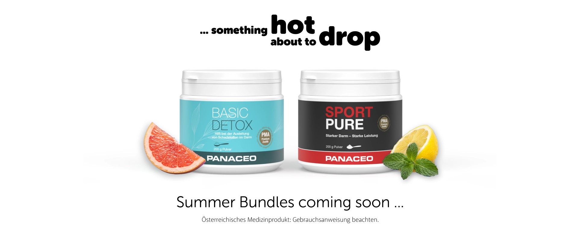 Produktbild der PANACEO Summer Bundles mit Basic Detox und Sport Pure, dekoriert mit Grapefruit, Zitrone und Minze, Hinweis auf baldigen Verkaufsstart