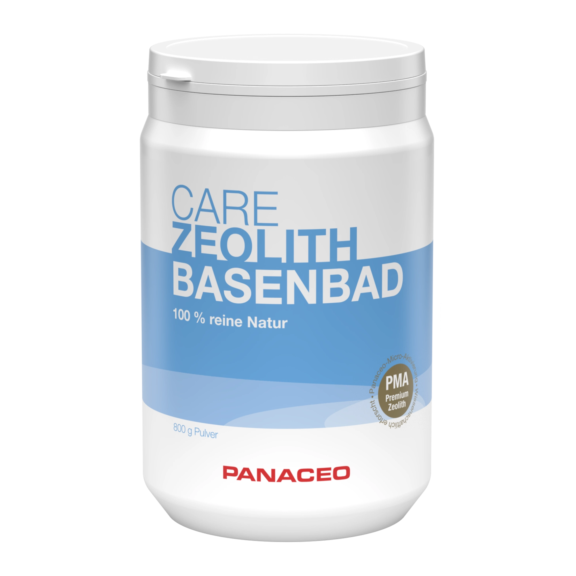 Weiße Dose PANACEO CARE ZEOLITH BASENBAD Pulver 800 g, Basenbad mit Zeolith, freigestellte Produktansicht