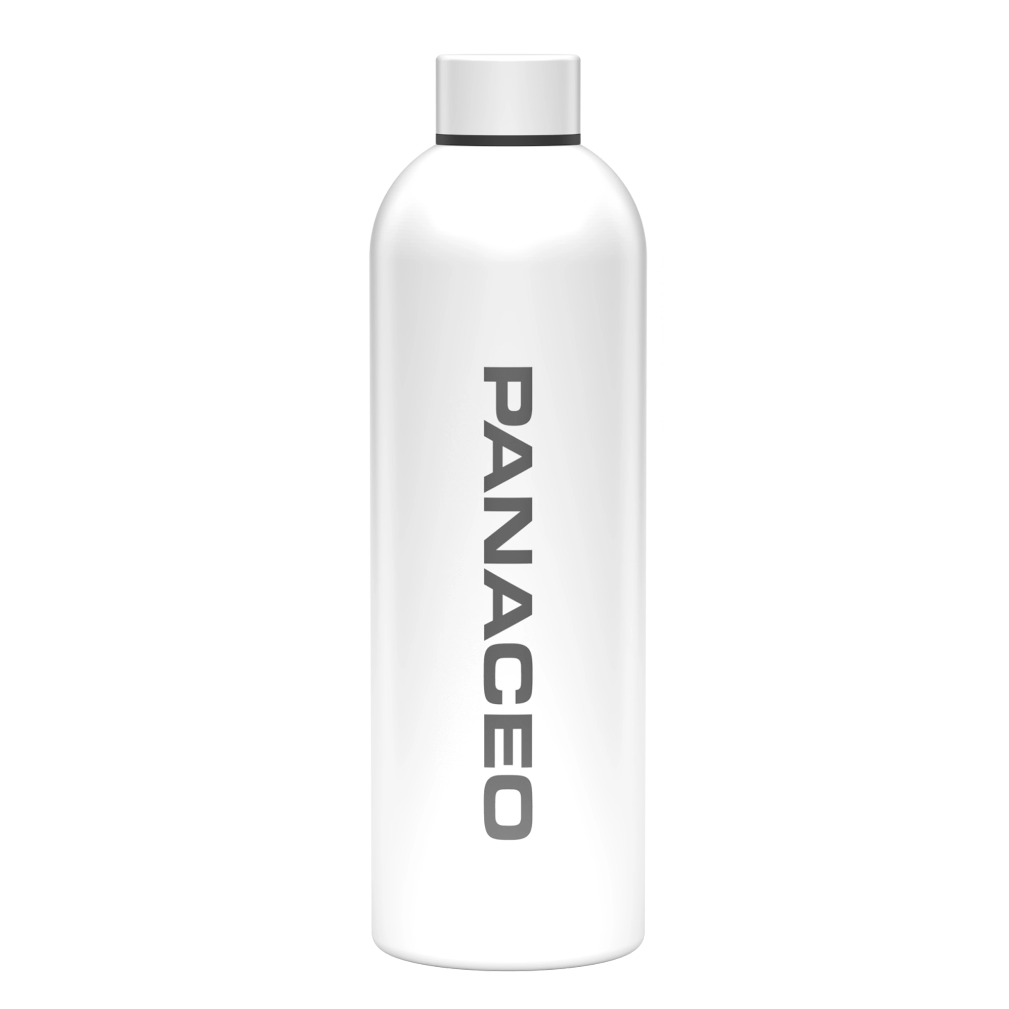 Frontal abgebildete weiße PANACEO Flasche mit grauem Schraubverschluss und vertikalem Logo
