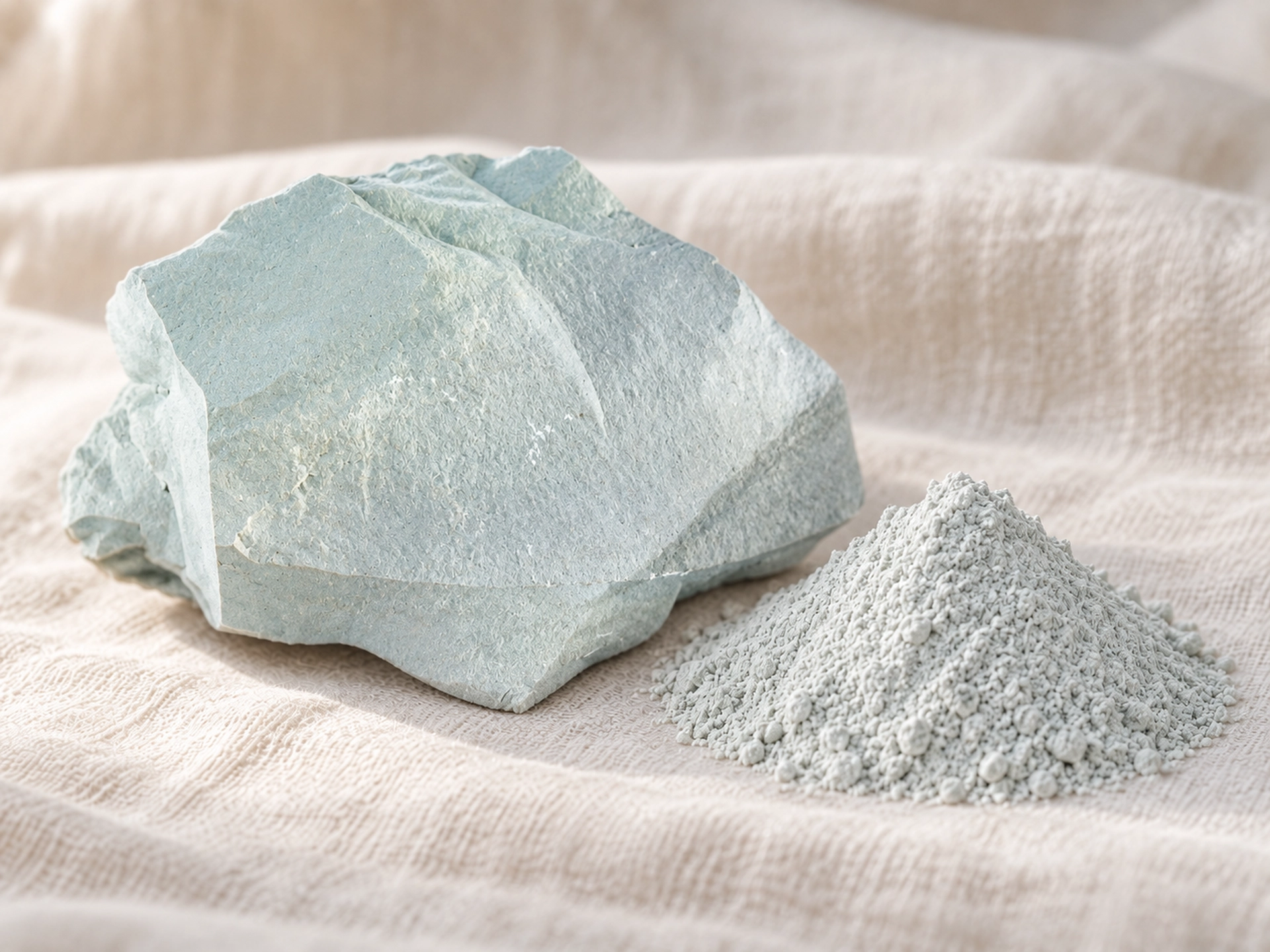 Pietra di argilla azzurra chiara accanto a polvere minerale fine su tessuto, materia prima naturale per cosmetici, ceramica o prodotti per la cura