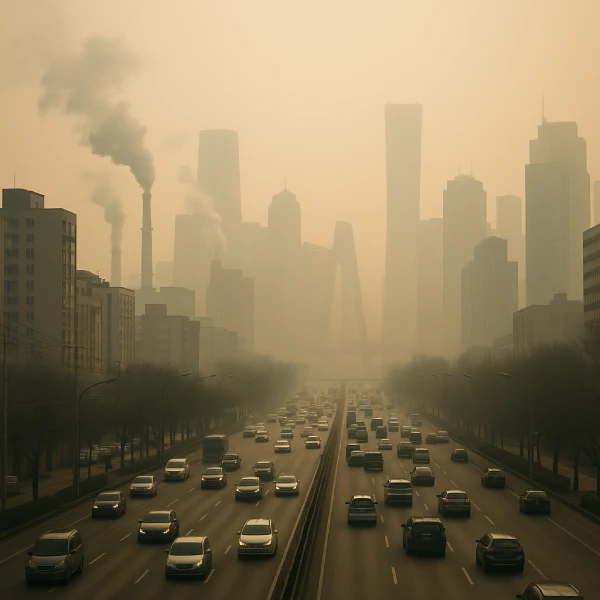 Umweltgifte und ihre Auswirkungen: Folgen für Darmbarriere und Darmflora Verschmutzte Stadt mit dichter Smog-Luft, Abgasen von Autos und Rauch aus Fabrikschornsteinen