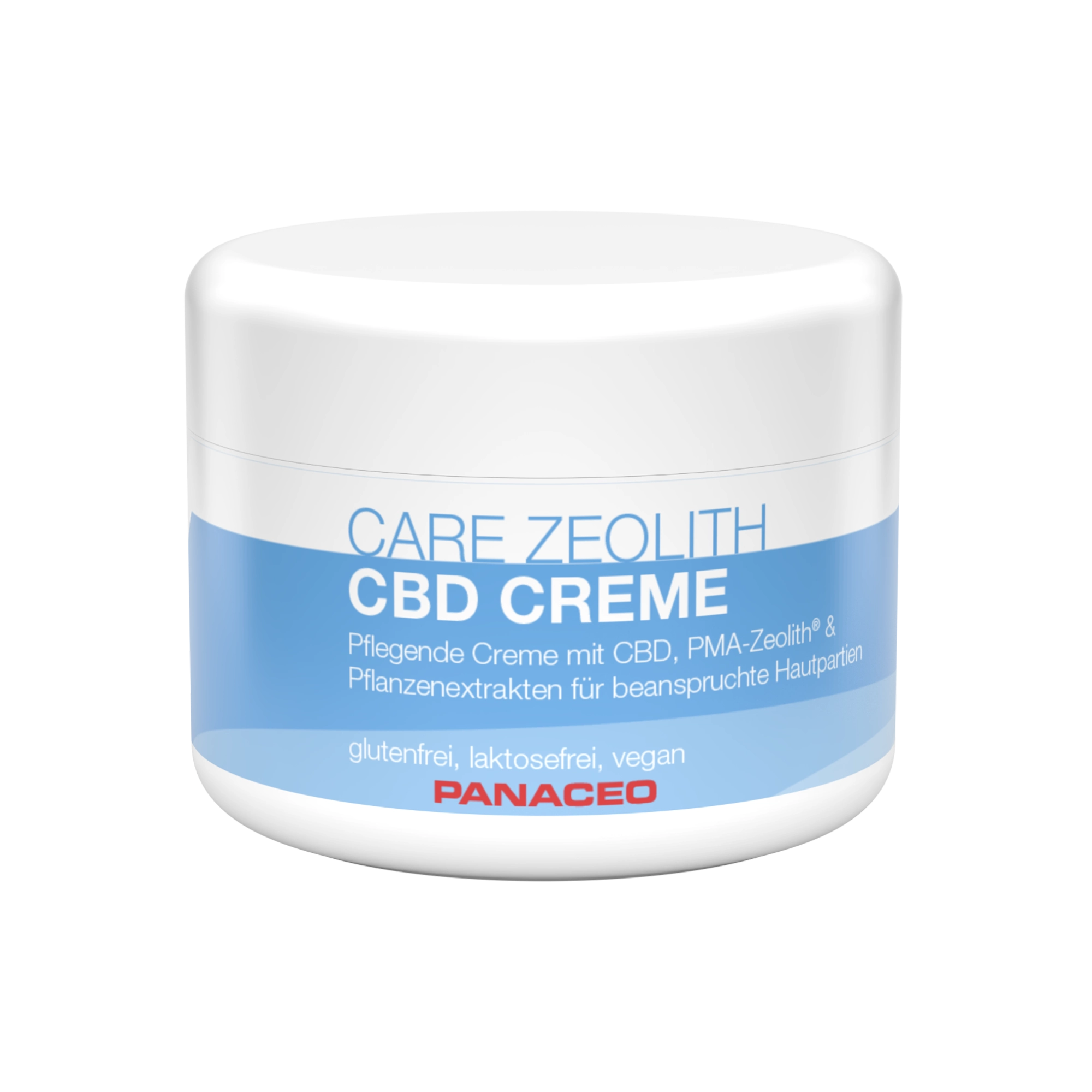 PANACEO CARE Zeolith CBD Creme 100 ml – natürliche Hautpflege Weiße Dose der PANACEO CARE Zeolith CBD Creme 100 ml mit CBD, PMA-Zeolith® und Kräuterextrakten zur Pflege beanspruchter Haut