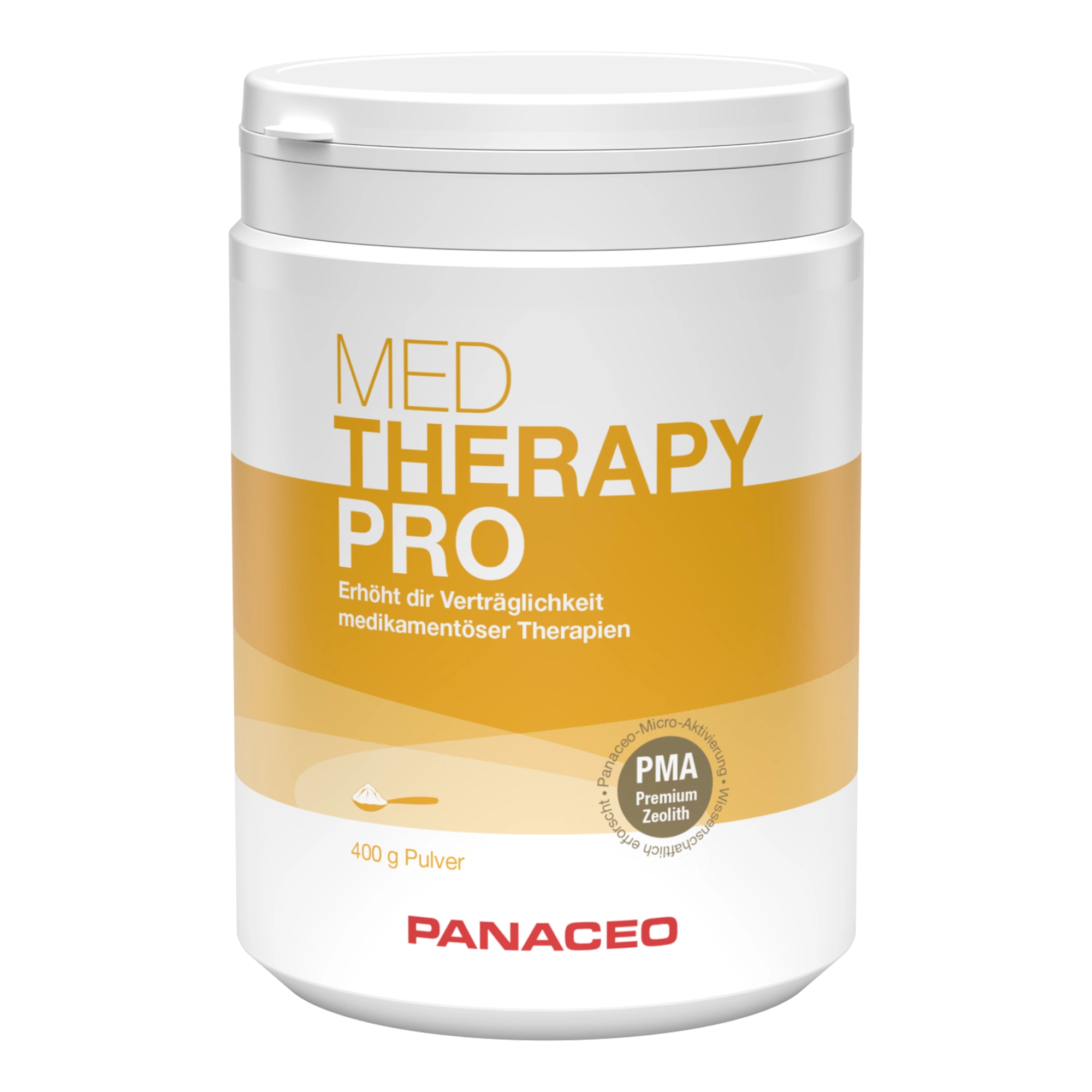 PANACEO MED THERAPY-PRO Pulver 400 g in weißer Dose mit gelb-weißem Etikett, Medizinprodukt zur Unterstützung der Verträglichkeit medikamentöser Therapien