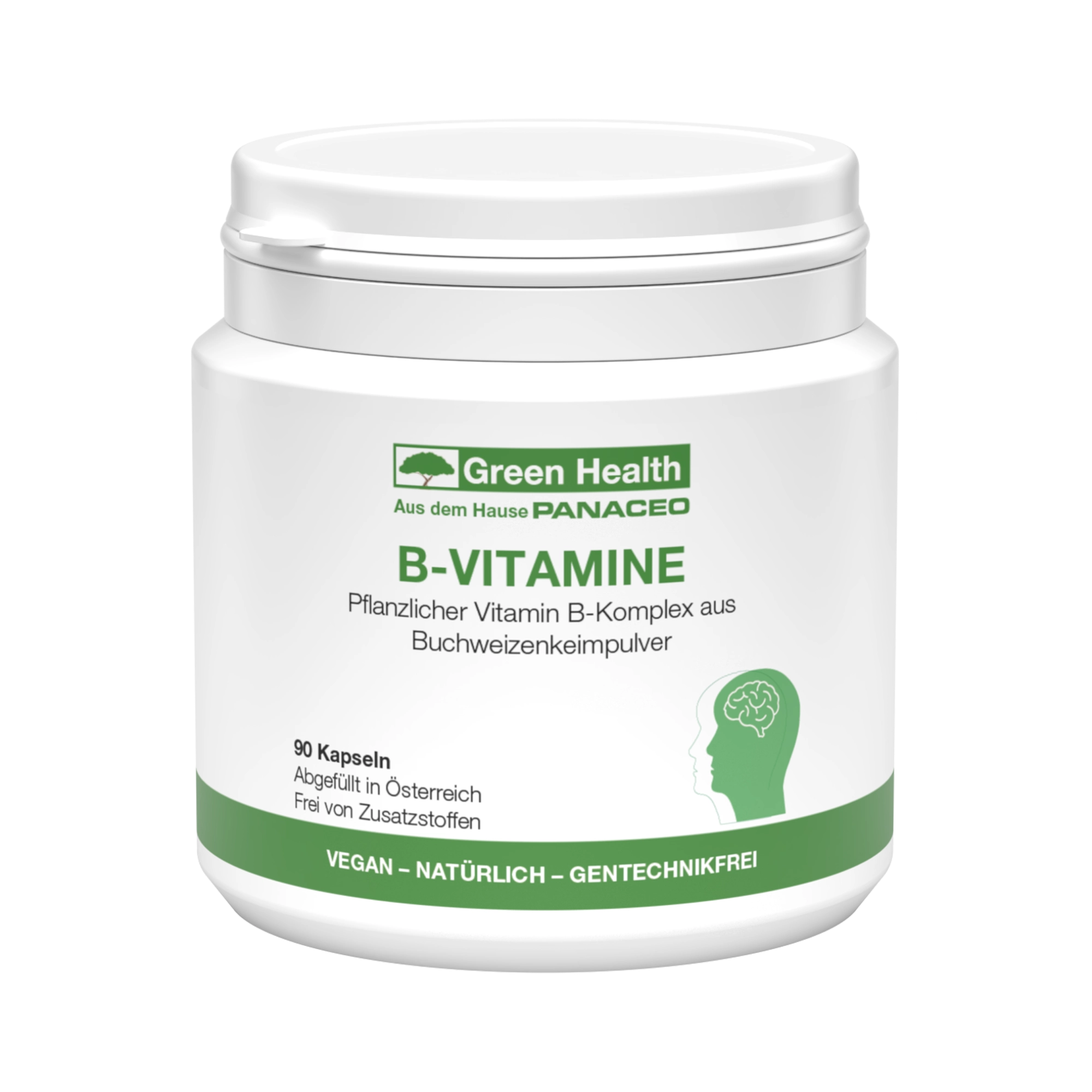 Green Health B-VITAMINE Kapseln 90 Stk. von PANACEO Produktabbildung Green Health B-VITAMINE Kapseln 90 Stk. von PANACEO, pflanzlicher Vitamin-B-Komplex aus Buchweizenkeimpulver zur Unterstützung von Nervenstoffwechsel und Wohlbefinden