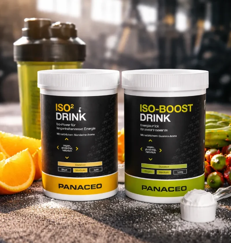 Isotonische Getränke von PANACEO für mehr Ausdauer und den notwendigen Power-Kick ISO2 und ISO-BOOST Produkte stehen im Fitnessraum bereit umgeben von Zitrusfrüchten