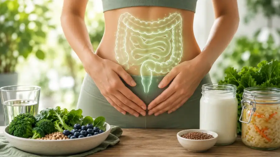 Frau mit eingeblendeter Darmgrafik, umgeben von Joghurt, Sauerkraut, Leinsamen, Brokkoli und Beeren als Symbol für Probiotika und Darmgesundheit.